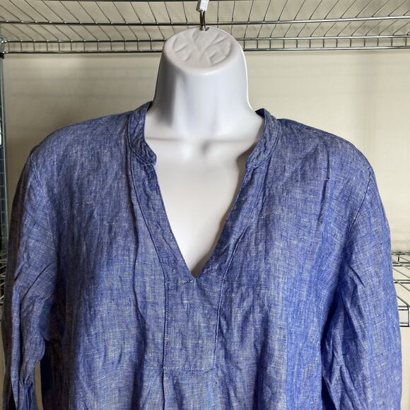 LL Bean Women's Blue Linen Tunic Top Est. Size L Coastal Nautical‎ Preppy Flowy - Picture 7 of 10